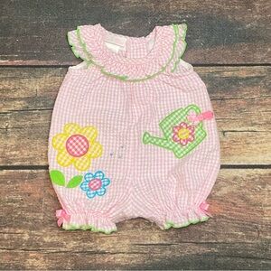 Bonnie Baby Pink Gingham Seersucker Bubble Romper with Floral Appliques